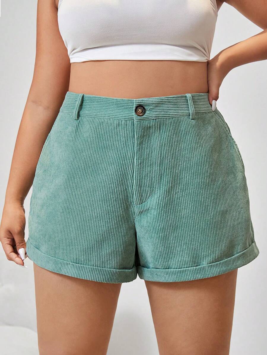 CovetEZ 大碼高腰卷邊燈芯絨短褲