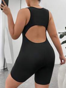 SHEIN EZwear Plus Cut Out Back Unitard Romper - Black - View 1