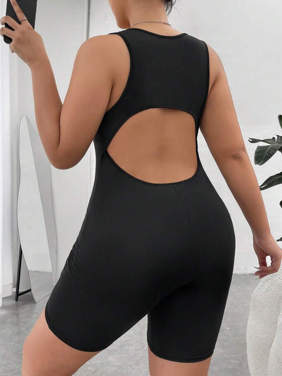 SHEIN EZwear Plus Cut Out Back Unitard Romper - Black - View 1