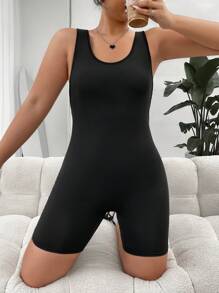 SHEIN EZwear Plus Cut Out Back Unitard Romper - Black - View 2