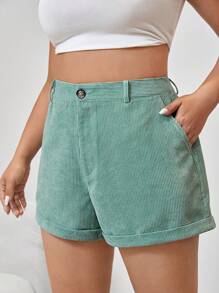 CovetEZ 大碼高腰卷邊燈芯絨短褲