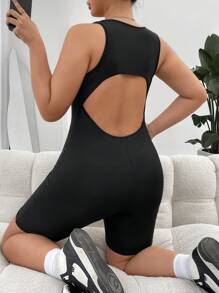 SHEIN EZwear Plus Cut Out Back Unitard Romper - Black - View 3