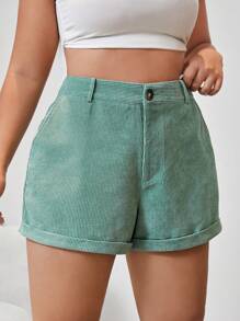 CovetEZ 大碼高腰卷邊燈芯絨短褲