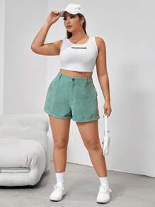 CovetEZ 大碼高腰卷邊燈芯絨短褲