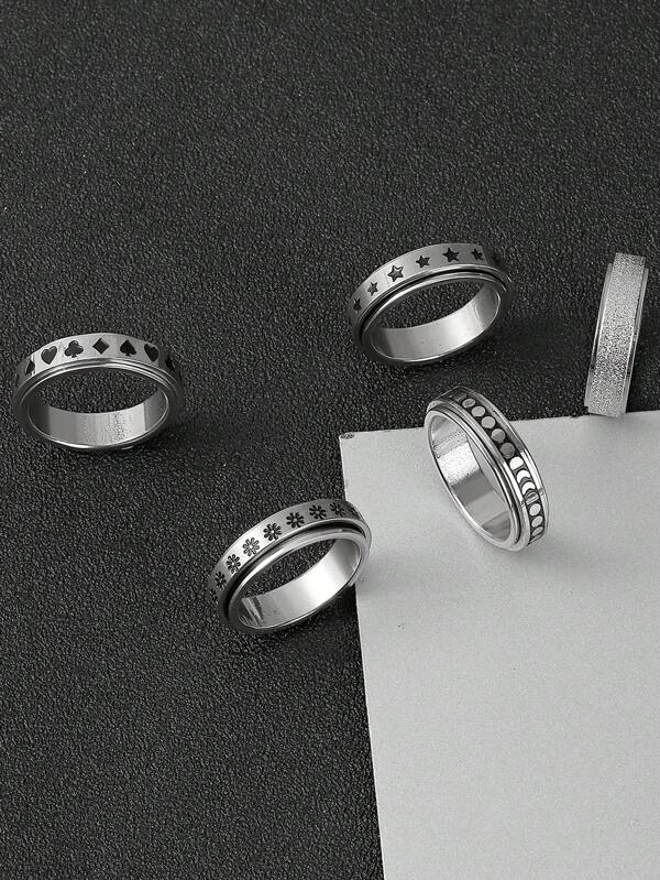 5pcs Stainless Steel Universal Wheel AntiAnxiety Ring Rotating Moon Star Stress Relief Ring