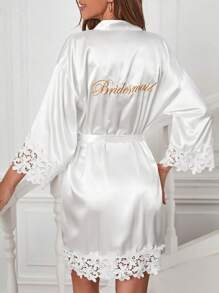 字母圖案蕾絲拼接腰帶緞面睡袍 - 白色 - 查看 1