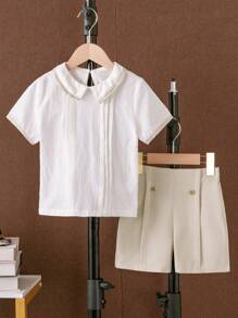 SHEIN Bộ thời trang bé trai Nút Xếp li Khối Màu Giải trí - Nhiều màu - Xem 1