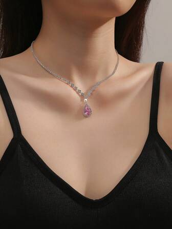 1pc Glamorous Rhinestone Water-drop Pendant Necklace For Women For Dating Gift
