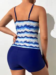 SHEIN Wave Print Tankini Set Cami Top & Shorts 2 Piece Bathing Suit - Blue - View 2