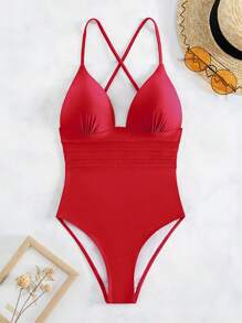 Crisscross Backless Ruched Waist One Piece Swimsuit - Red - View 1