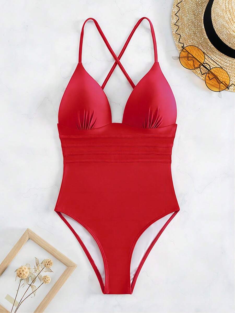 Crisscross Backless Ruched Waist One Piece Swimsuit - Red - View 1