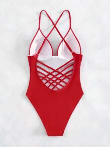 Crisscross Backless Ruched Waist One Piece Swimsuit - Red - View 2