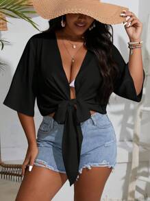 Slaydiva Plus Size Solid Tie Front Crop Kimono Summer - Black - View 1