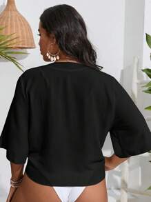 Slaydiva Plus Size Solid Tie Front Crop Kimono Summer - Black - View 2