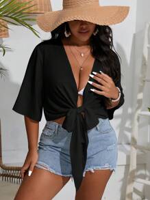 Slaydiva Plus Size Solid Tie Front Crop Kimono Summer - Black - View 3