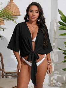 Slaydiva Plus Size Solid Tie Front Crop Kimono Summer - Black - View 5
