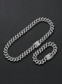 2 piezas/set Hip Hop Iced Out pulsera collar Punk collar de hebilla grande para Mujeres Hombres - Plateado - Ver 1