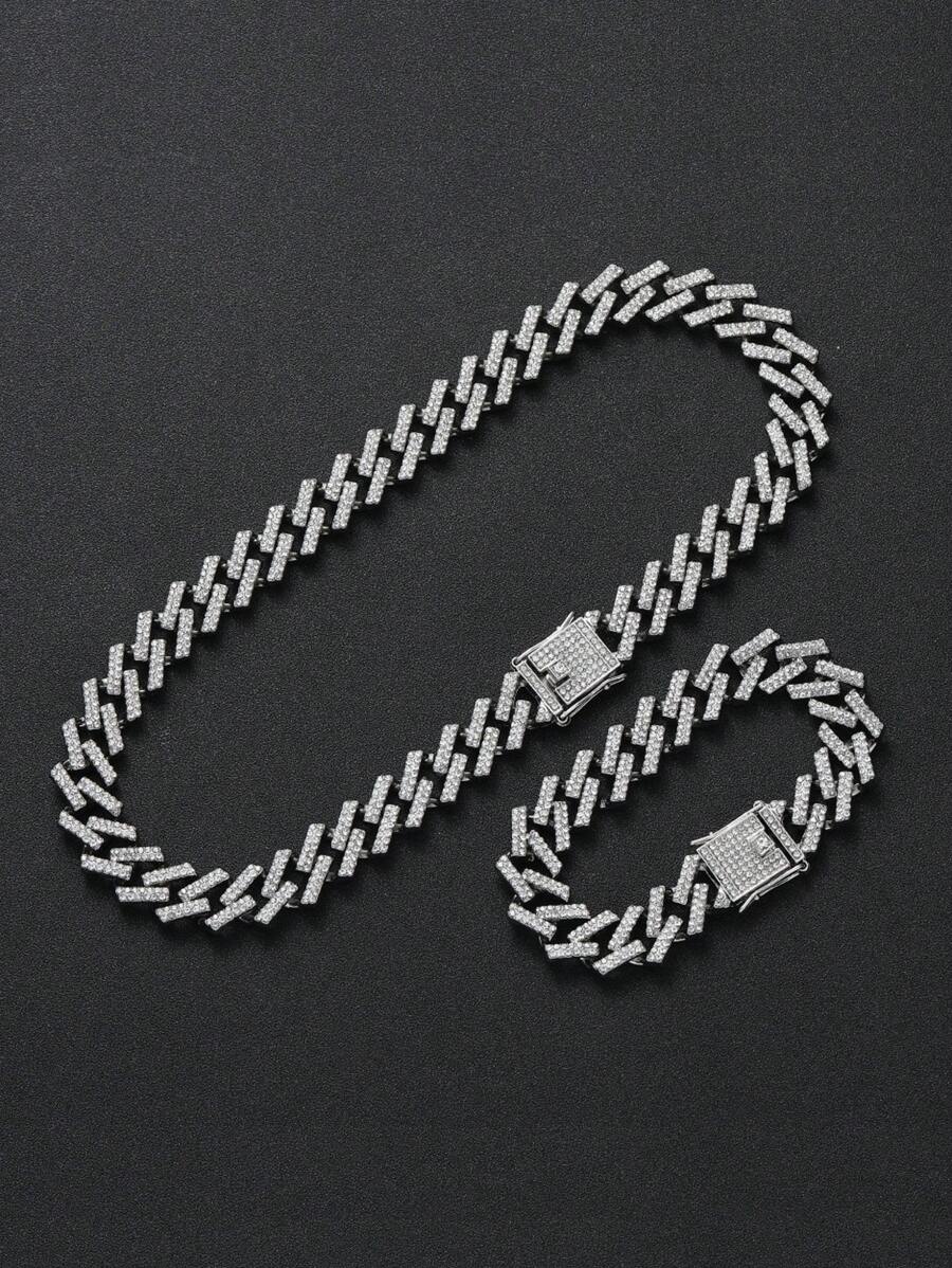 2 piezas/set Hip Hop Iced Out pulsera collar Punk collar de hebilla grande para Mujeres Hombres - Plateado - Ver 1