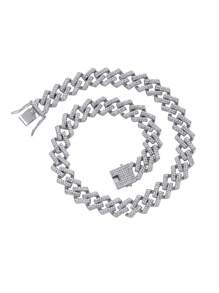 2 piezas/set Hip Hop Iced Out pulsera collar Punk collar de hebilla grande para Mujeres Hombres - Plateado - Ver 4
