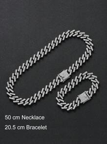 2 piezas/set Hip Hop Iced Out pulsera collar Punk collar de hebilla grande para Mujeres Hombres - Plateado - Ver 6