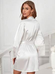 Contrast Lace Flounce Sleeve Belted Satin Robe - White - View 2