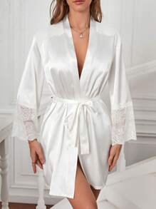 Contrast Lace Flounce Sleeve Belted Satin Robe - White - View 1
