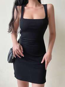 素色方領後背繫帶背心連衣裙 - 黑色 - 查看 3