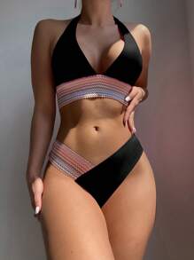 SHEIN Swim Summer Beach Striped Tape Halter Bikini Set