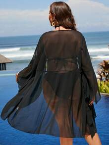 Kimono manga de campana con cinturón bajo cruzado de malla - Negro - Ver 2