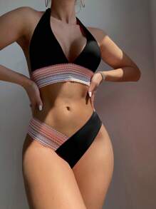 SHEIN Swim Summer Beach Striped Tape Halter Bikini Set