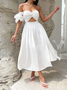 SHEIN VCAY Off Shoulder Cut Out Twist Front Split Thigh Dress - White - View 3