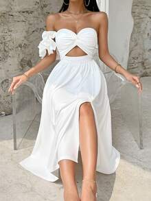SHEIN VCAY Off Shoulder Cut Out Twist Front Split Thigh Dress - White - View 6