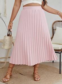 SHEIN VCAY 大碼高腰百褶半身裙 - 淺粉色 - 查看 1
