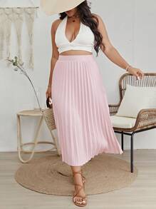 SHEIN VCAY 大碼高腰百褶半身裙 - 淺粉色 - 查看 4