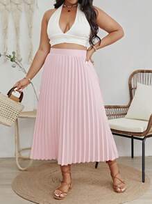 SHEIN VCAY 大碼高腰百褶半身裙 - 淺粉色 - 查看 5