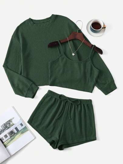 EasyFave Plus Solid Cami Top & Shorts & Drop Shoulder Tee & Shorts PJ Set / Pajama Set, Fall Winter Clothes, Cozy Outfit