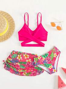 青少年女孩热带印花比基尼套装搭配沙滩裙夏日海滩 - 玫紅色 - 查看 5