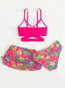 青少年女孩热带印花比基尼套装搭配沙滩裙夏日海滩 - 玫紅色 - 查看 2