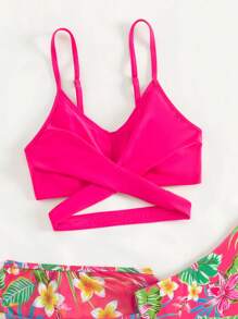 青少年女孩热带印花比基尼套装搭配沙滩裙夏日海滩 - 玫紅色 - 查看 3