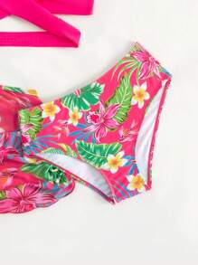 青少年女孩热带印花比基尼套装搭配沙滩裙夏日海滩 - 玫紅色 - 查看 4
