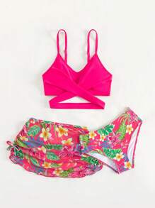 青少年女孩热带印花比基尼套装搭配沙滩裙夏日海滩 - 玫紅色 - 查看 1