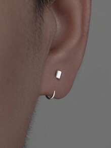 Hombres 1 pieza Arete con diseño de cuadro - Plateado - Ver 5