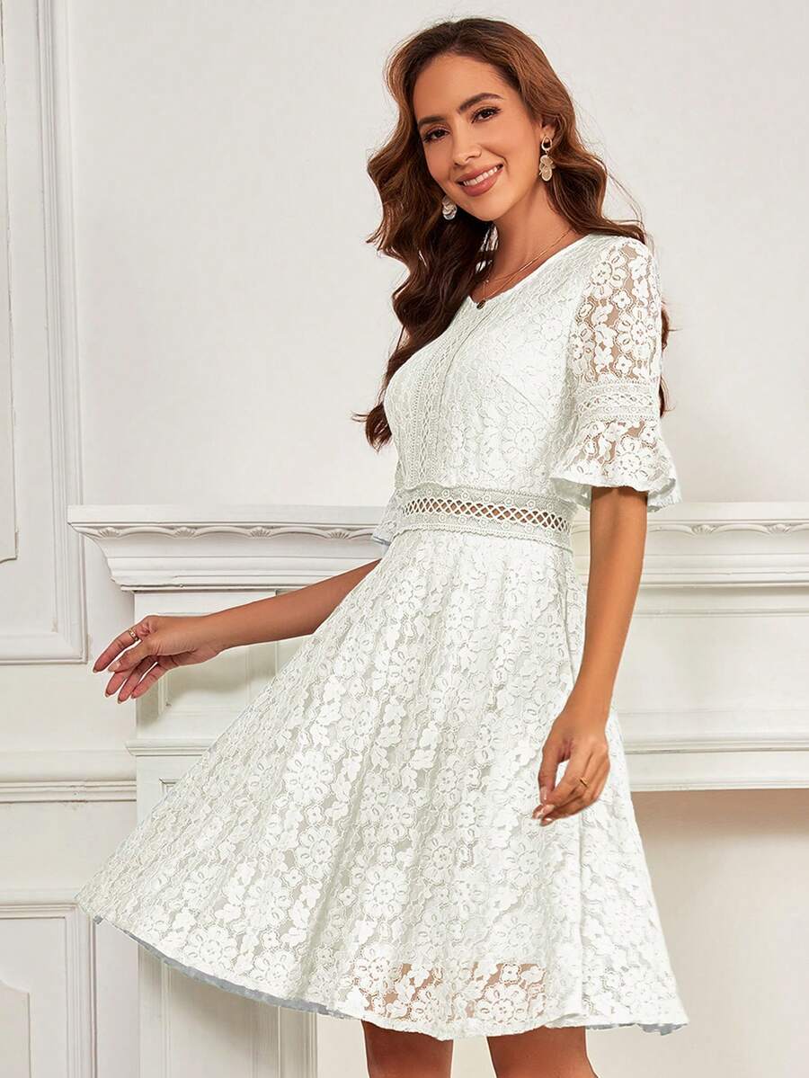 荷葉袖蕾絲覆蓋連衣裙 - 白色 - 查看 1