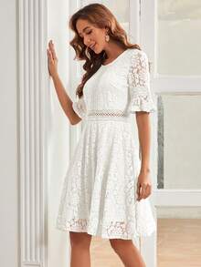 荷葉袖蕾絲覆蓋連衣裙 - 白色 - 查看 3