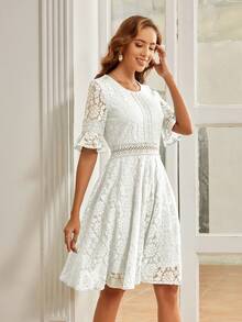 荷葉袖蕾絲覆蓋連衣裙 - 白色 - 查看 4