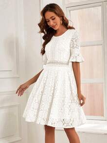 荷葉袖蕾絲覆蓋連衣裙 - 白色 - 查看 5