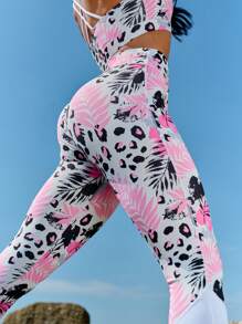 植物和豹紋印花運動型胸罩和緊身打底褲 - 彩色 - 查看 6