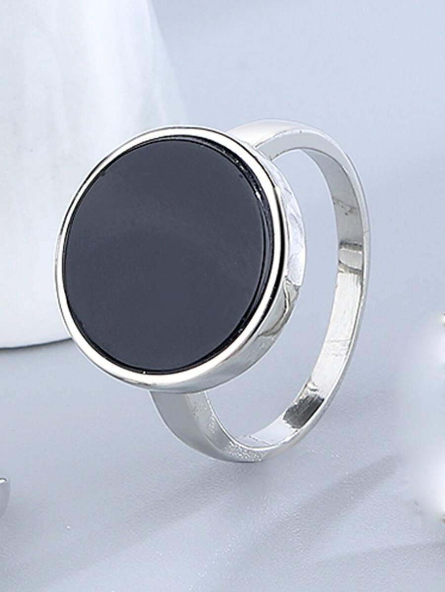 1pc Vintage Texture Circle Design Natural Stone 15mm Main Stone Ring