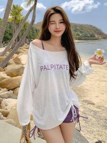 DAZY Letter Graphic Drawstring Side Summer Beach Bikini Set With Cover Up Vacation - Purple - View 1