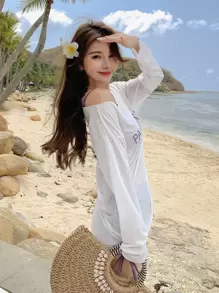 DAZY Letter Graphic Drawstring Side Summer Beach Bikini Set With Cover Up Vacation - Purple - View 2